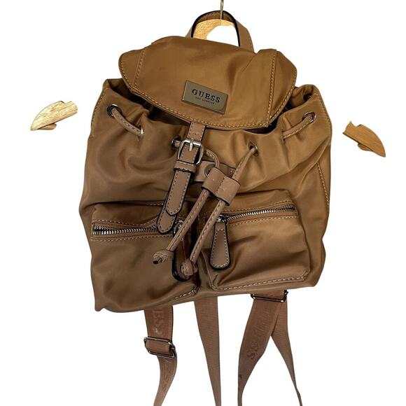 Guess LA brown leather backpack many pockets drawstring design flaw main image 4